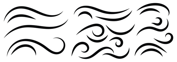 Poster - Hand drawn doodle wind motion, air blow, swirl elements. Wind icon set. Doodle wind line sketch elements. vector illustration. 