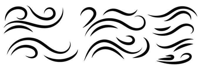 Poster - Doodle wind line sketch set. Sketch drawn air blow motion, smoke flow art, abstract line. Wave illustration sign collection. ocean symbol. Hand drawn air wave icon. 