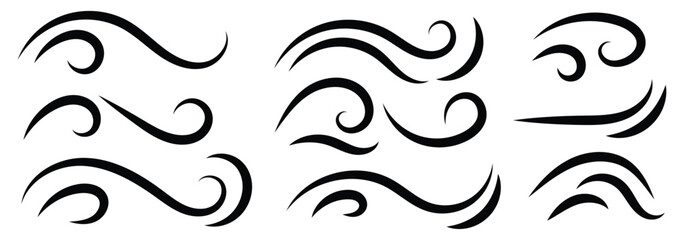 Poster - Hand drawn doodle wind motion, air blow, swirl elements. Wind icon set. Doodle wind line sketch elements. vector illustration. 