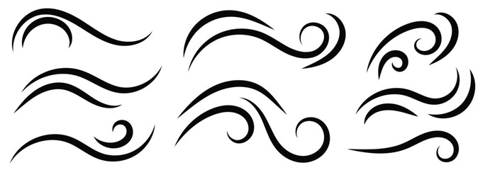 Poster - Hand drawn doodle wind motion, air blow, swirl elements. Wind icon set. Doodle wind line sketch elements. vector illustration. 