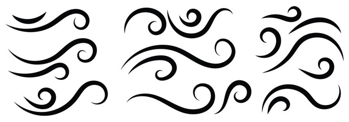 Poster - Hand drawn doodle wind motion, air blow, swirl elements. Wind icon set. Doodle wind line sketch elements. vector illustration. 