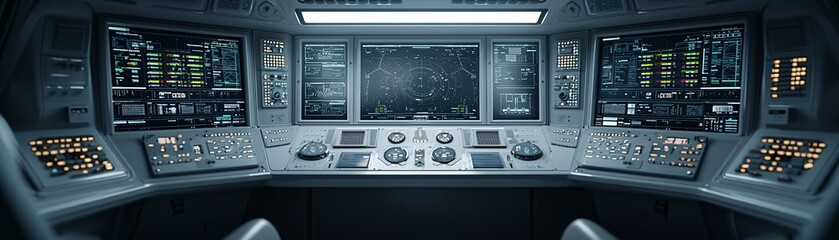 Poster - A sleek futuristic spacecraft interior, ultra-minimalist control panels with holographic displays, ergonomic AI-assisted navigation seats, soft ambient lighting, professional sci-fi photography,