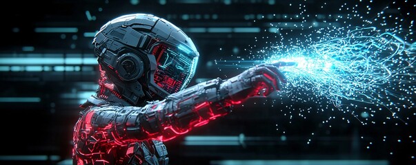 Poster - A biomechanical futuristic warrior standing in a digital battlefield, energy-based armor glowing with power, a cyber sword radiating blue plasma energy, dynamic sci-fi action scene, cinematic