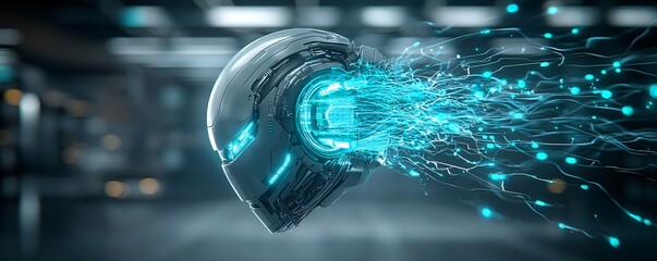 Poster - A biomechanical futuristic warrior standing in a digital battlefield, energy-based armor glowing with power, a cyber sword radiating blue plasma energy, dynamic sci-fi action scene, cinematic