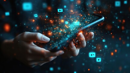 Fototapete - close up of a hand holding a smartphone with social media icons,notifications overlay representing d