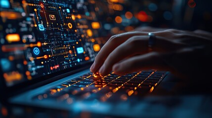Poster - close up of a manrs hand using a tablet pad on a laptop working on futuristic social media marketing icons for internet network technology,modern business strategies