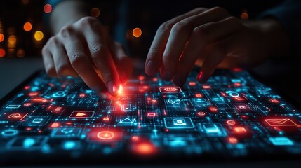 Poster - close up of a manrs hand using a tablet pad on a laptop working on futuristic social media marketing