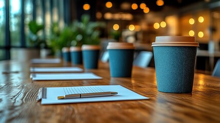 Poster - close up view of a modern conference table setup with notepads pens,coffee cups in a professional meeting room
