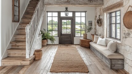 Poster - coastal style entrance hall with stone wall,rustic wood accents