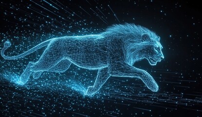 Poster - Digital Lion Runs Through Cyberspace,  A Futuristic Wildlife Scene with Stunning Visual Effects
