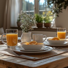 Canvas Print - Wooden dining table with two sets of white ceramic tableware, half-eaten breakfast on plates, glass of orange juice and coffee cup, blurred kitchen window with morning light in background.