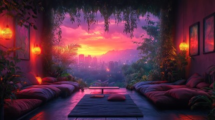Poster - colorful lofi empty interior anime manga style with jungle view cozy chill vibes,hip hop atmospheric lights 4k wallpaper