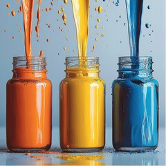 Poster - 4 liquid color pigments being poured into a glass bottle to mix and create new colors. Vibrant.