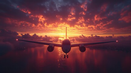 Poster - commercial airplane soaring through vibrant sunset skies with dramatic clouds in the background showcasing the beauty of air travel
