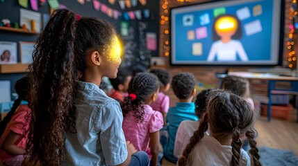 Poster - Children engaged in a captivating learning experience within a futuristic virtual home classroom