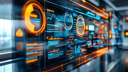 Poster - A futuristic holographic whiteboard displaying colorful educational content with various data visualizations charts and analytics information
