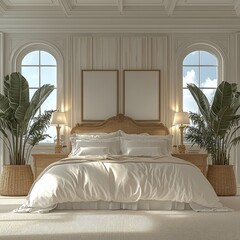 Aufkleber - A front facing view of a country chic bedroom, white wood walls with gold accents, a pair of large empty poster mock-up hang above a glorious bed, big palms in baskets in corners of room.