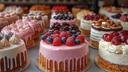 Poster - Delicious assortment of beautifully decorated cakes displayed in a vibrant bakery setting.