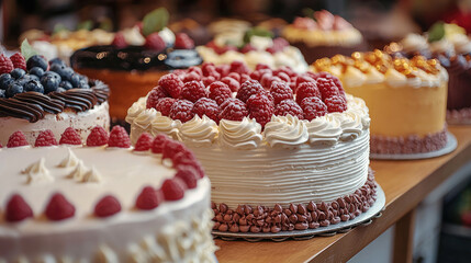 Poster - Delicious assortment of beautifully decorated cakes displayed in a vibrant bakery setting.