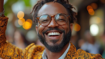 Poster - confident entrepreneur enjoying triumph with bright smile in modern workspace