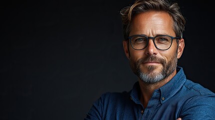 Poster - confident professional modern businessman in deep blue shirt with crossed arms exuding leadership,expertise isolated on a sleek gray backdrop