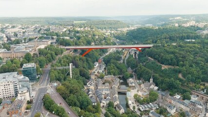 Wall Mural - Luxembourg City, Luxembourg. Pont Rouge. Panoramic view of the historical part of Luxembourg. City is located in valley of two rivers - Alzette and Petrus, Aerial View