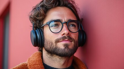 Poster - contented remote worker wearing headphones with a microphone looking away thoughtfully isolated on a neutral background representing modern telecommuting,virtual collaboration concepts