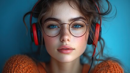 Poster - contented remote worker wearing headphones with a microphone looking away thoughtfully isolated on a neutral background representing modern telecommuting,virtual collaboration concepts