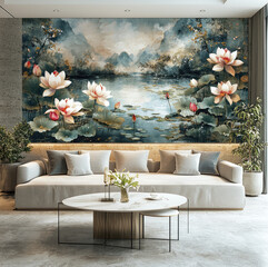 Poster - Hand painted oriental wallpaper with champagne color gilded silk, hand painted water lilies, at the living room wall with a long modern sofa.