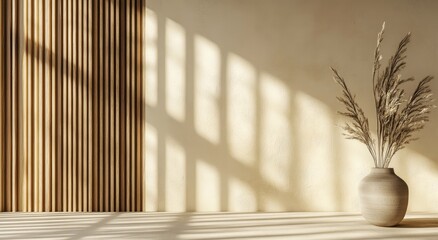 Wall Mural - Minimalist room, vase, pampas, sunlight, wood wall, interior design, mockup, neutral