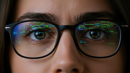 Close-up of eyes with code reflected in glasses, symbolizing tech focus.