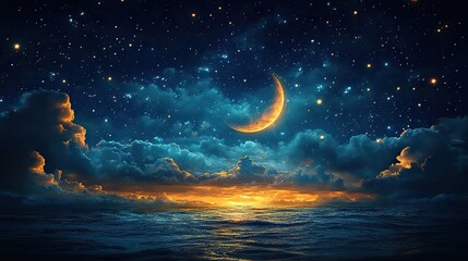 Poster - crescent moon shining over dark sky with stars,clouds ramadan kareem greeting card design