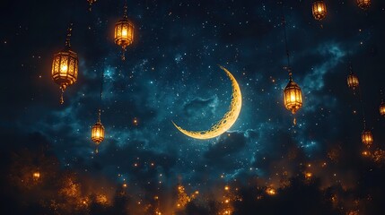 Poster - crescent moon shining over dark sky with stars,lanterns ramadan celebration concept