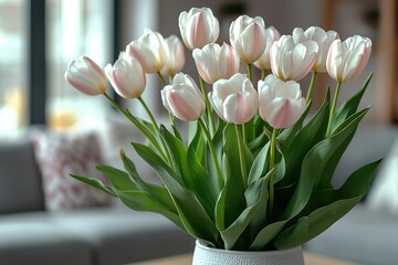 Poster - Vase of fresh tulips on the coffee table with blurred background of modern cozy light living room with gray couch sofa, graphic cushions and green plants. Open space home interior design.