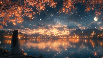 Poster - cute anime girl admiring the moonlit night by the lake in a japanese city with cherry blossoms
