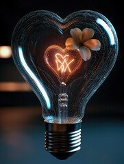 Poster - Light bulb with heart-shaped flower inside, dark, mystical atmosphere.