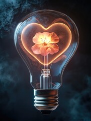 Poster - Light bulb with heart-shaped flower inside, dark, mystical atmosphere.