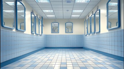 Poster - A public bathroom with a big long mirror.