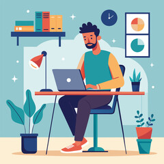 a boy is using his laptop vector
