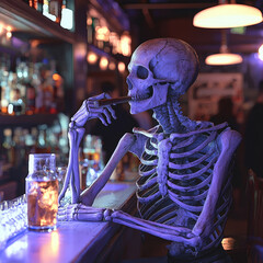 Sticker - A glowing neon purple skeleton is sitting at a bar having a cigar and a whiskey. The bar is somber yet actively comforting and relaxing.