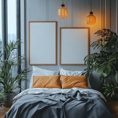Aufkleber - A modern bedroom with multiple blank canvases frame.