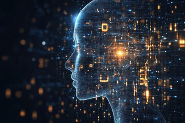 Poster - A digital silhouette of a human head illuminated by glowing data streams, symbolizing artificial intelligence and technology's impact on society
