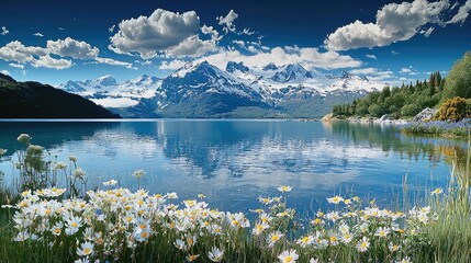 Poster - Snow capped mountains towering over a clear blue lake, the surface of the lake mirror reflecting the mountains and the white clouds above, wildflowers blooming on the lakeshore, peaceful.