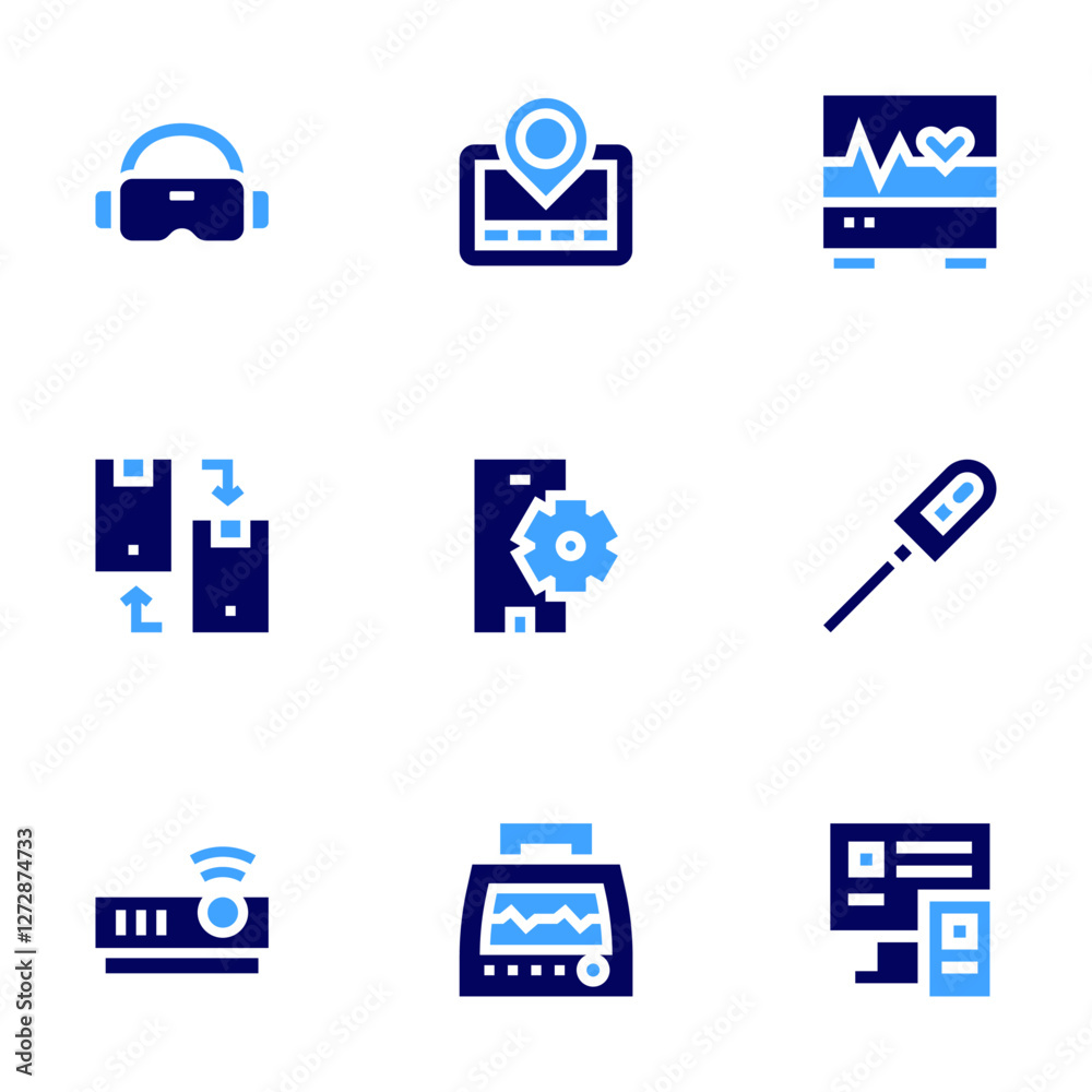 Device icon set. Bold style. Duotone colors. ecg, gps navigator, vr ...
