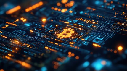 Fototapete - digital currency concept bitcoin iconography with assorted cryptocurrency symbols,blockchain visualization in the backdrop