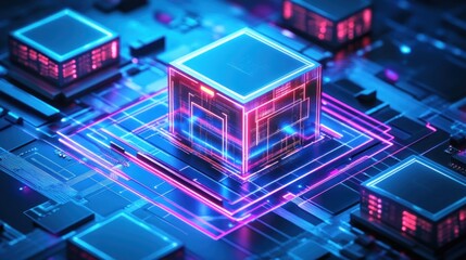 Poster - Futuristic computer chip with glowing circuits and technology