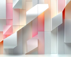 Leinwandbilder - Abstract geometric shapes in soft pastel tones arranged symmetrically on a clean white background, highlighting depth and subtle shadows.