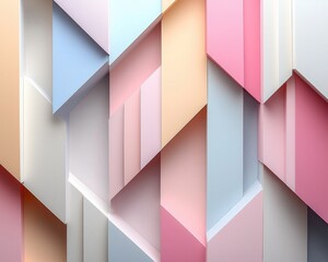 Leinwandbilder - Abstract geometric shapes in soft pastel tones arranged symmetrically on a clean white background, highlighting depth and subtle shadows.