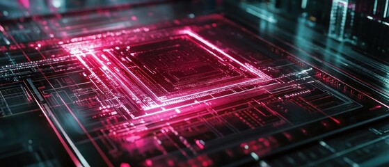 Poster - Abstract representation of a futuristic microchip illuminated in pink and blue hues, set against a dark technological background