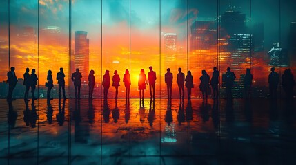 Poster - double exposure image of many business people conference group meeting on city office building in background showing partnership success of business deal concept of teamwork
